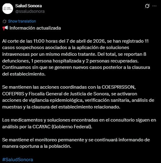 Sonora confirma 11 casos y 8 muertes por sueros vitaminados