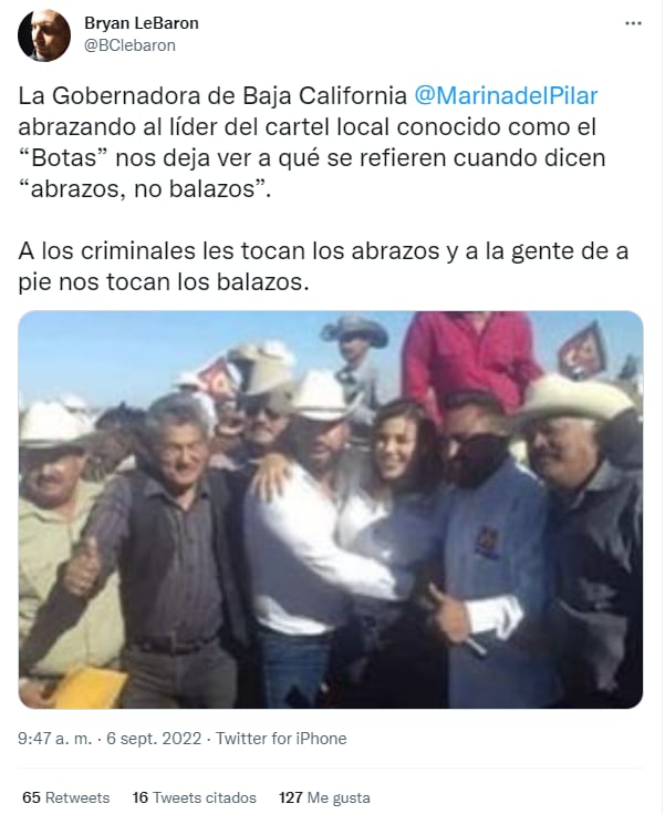 Bryan LeBaron publica foto en donde expone vínculos de la gobernadora Marina del Pilar con "El Botas"