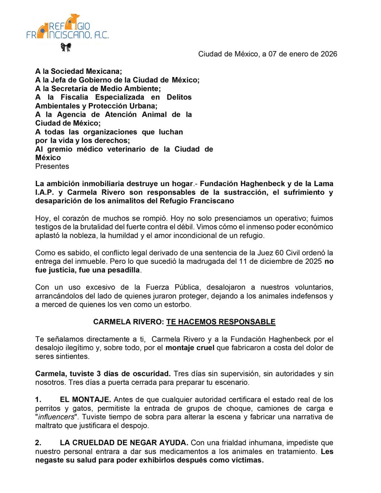 Refugio Franciscano acusa a Carmela Rivero y a la Fundación Haghenbeck