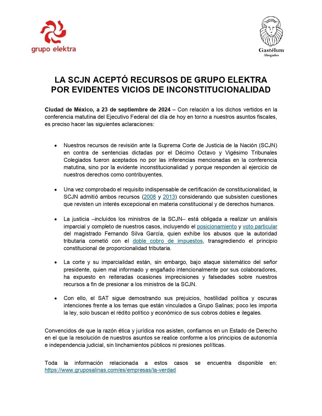 Grupo Elektra y Gastélum Abogados respondieron a lo dicho por AMLO en la mañanera del 23 de septiembre