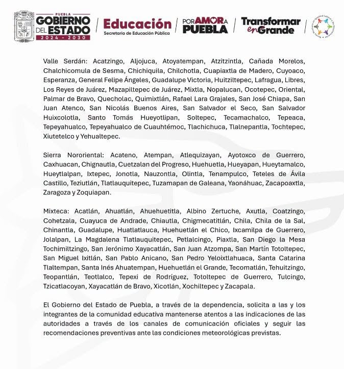 Puebla suspende clases