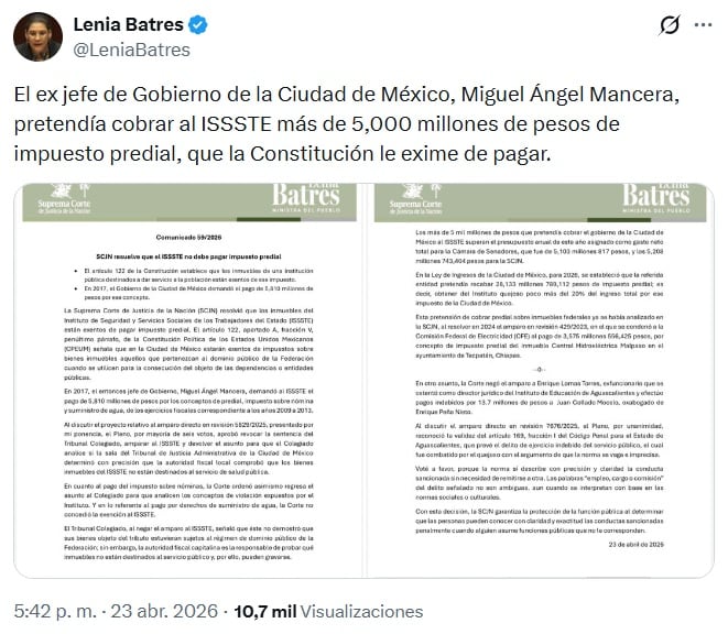 Lenia Batres impulsa freno a deuda millonaria del ISSSTE en la SCJN