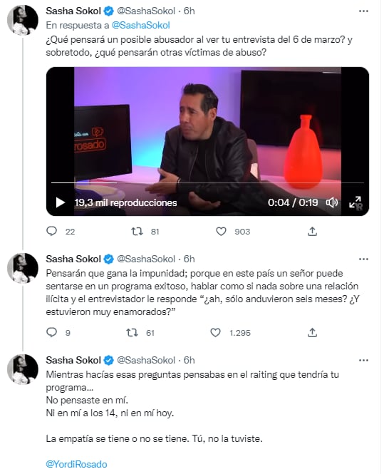 Sasha Sokol le dice a Yordi Rosado que solo quiso raiting.
