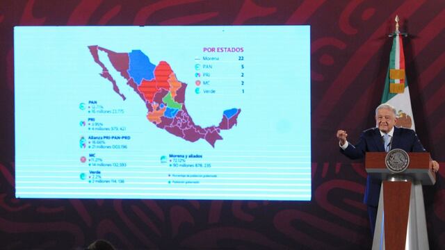 Andrés Manuel López Obrador, presidente de México, muestra el mapa de México y los estados que gobierna Morena y sus aliados