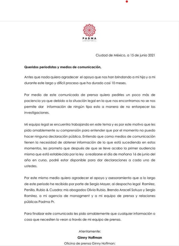 Comunicado de Prensa Ginny Hoffman