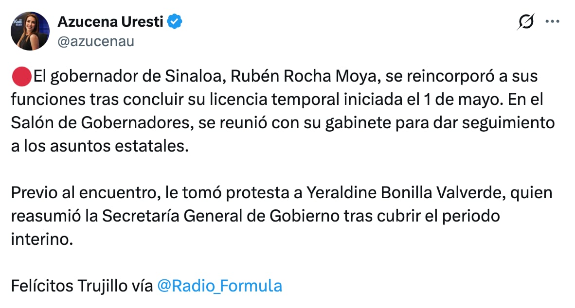Rubén Rocha Moya, gobernador de Sinaloa, retoma actividades y se reúne con su gabinete