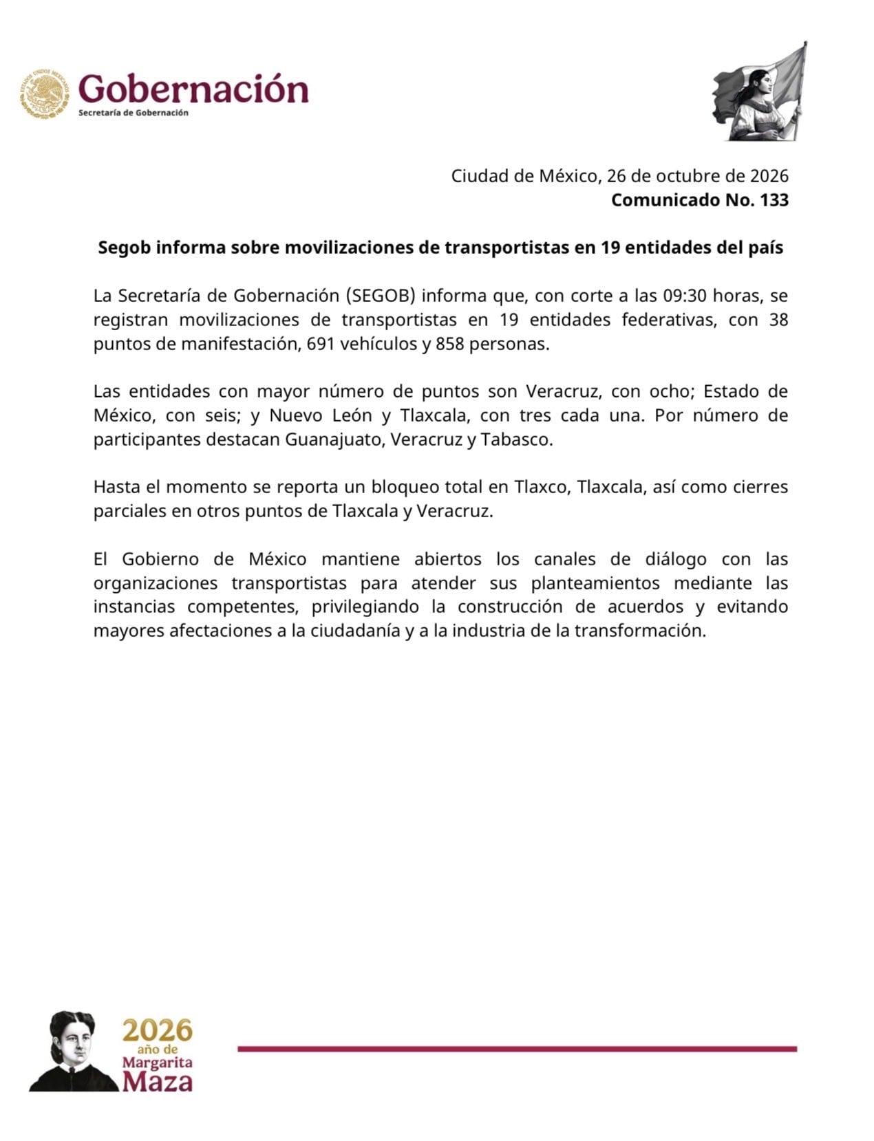 Segob reporta 38 puntos de protesta y 858 participantes en paro de CANACAR
