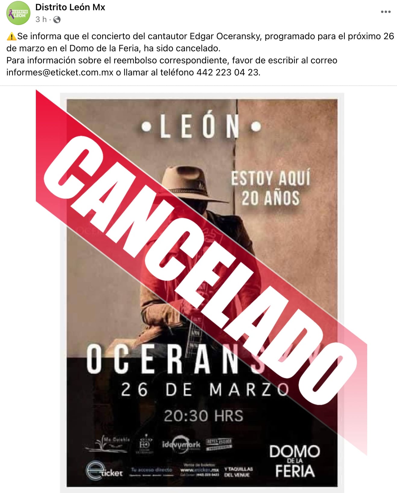 Cancelan concierto de Edgar Oceransky