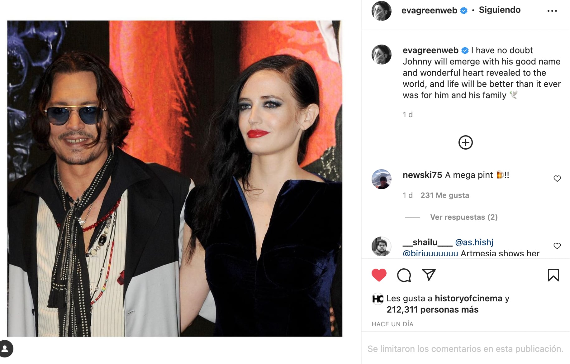Eva Green apoya a Johnny Depp