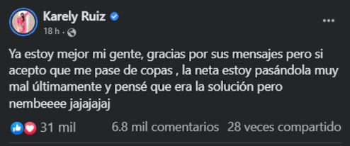 Karely Ruiz admite haberse pasado de copas, motivo por el cual terminó en el hospital