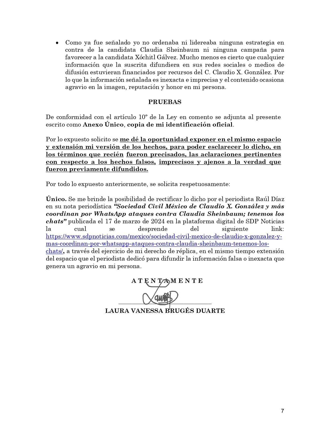 Laura Brugés solicitud de réplica