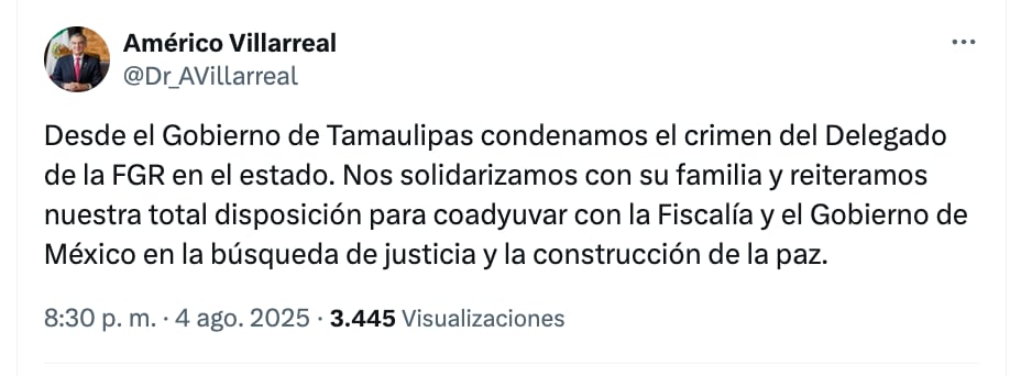 Américo Villarreal condenó el crimen con el que Ernesto Cuitláhuac Vázquez Reyna, delegado de la FGR, fue ejecutado el 4 de agosto de 2025