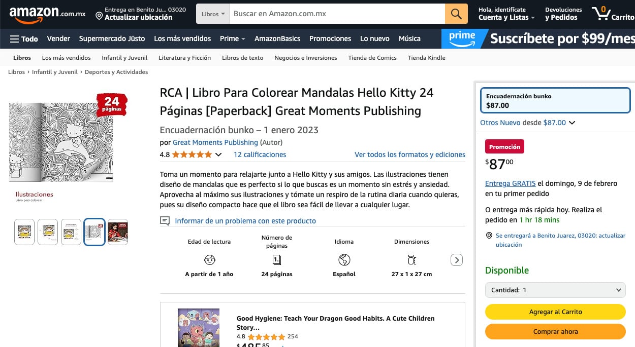 Libro para colorear de Hello Kitty en Amazon