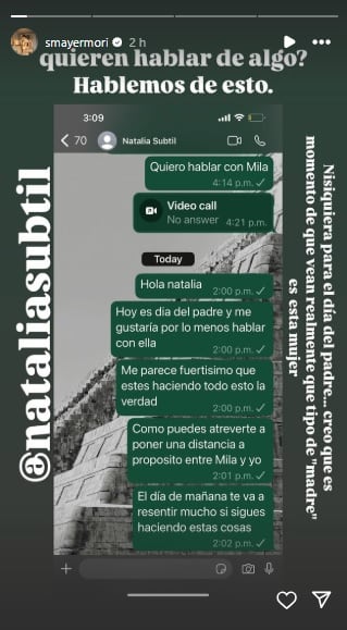 Sergio Mayer Mori exhibe a Natália Subtil por limitar su convivencia con Mila.