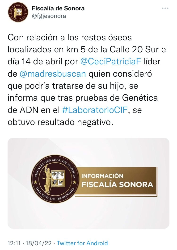 Información de la Fiscalía de Sonora