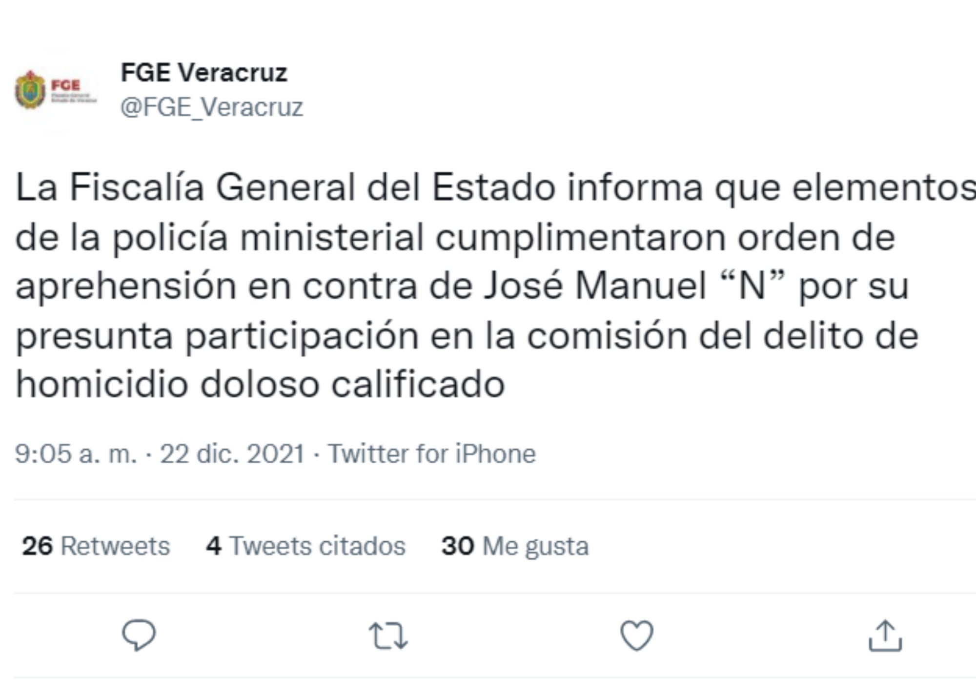 Tuit de la Fiscalía de Veracruz