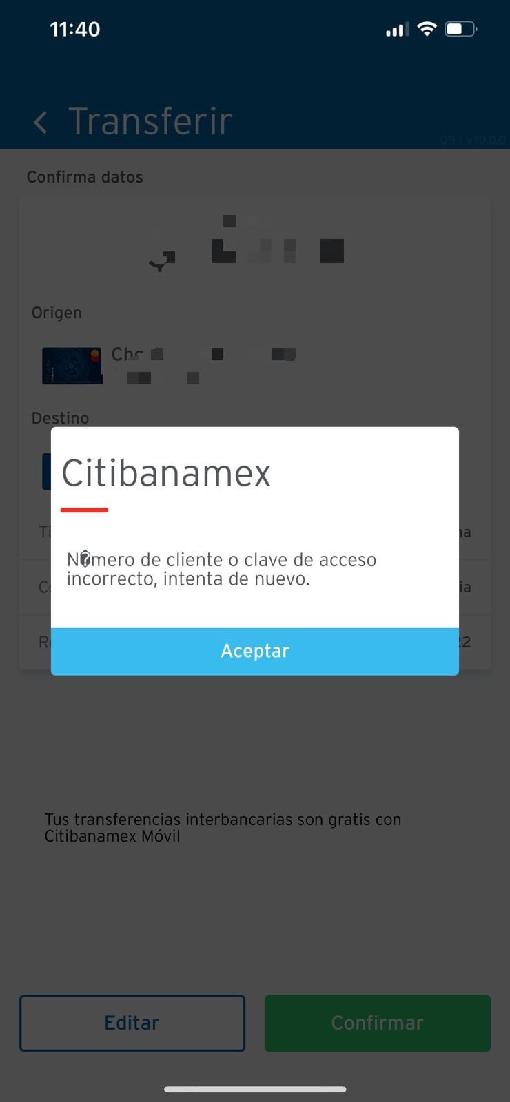 Falla en la app de Banamex