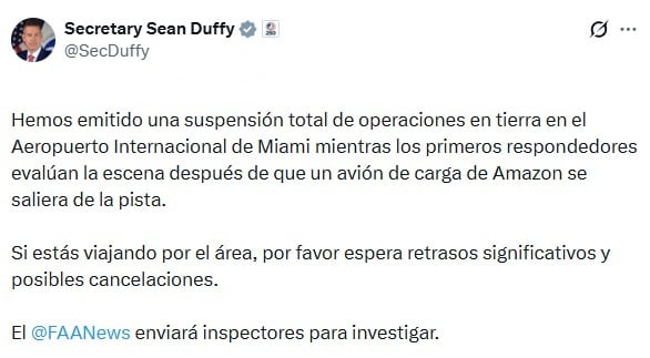 Advierten cancelaciones y retrasos en Aeropuerto Internacional de Miami tras accidente de avión Prime Air; FAA abre investigación