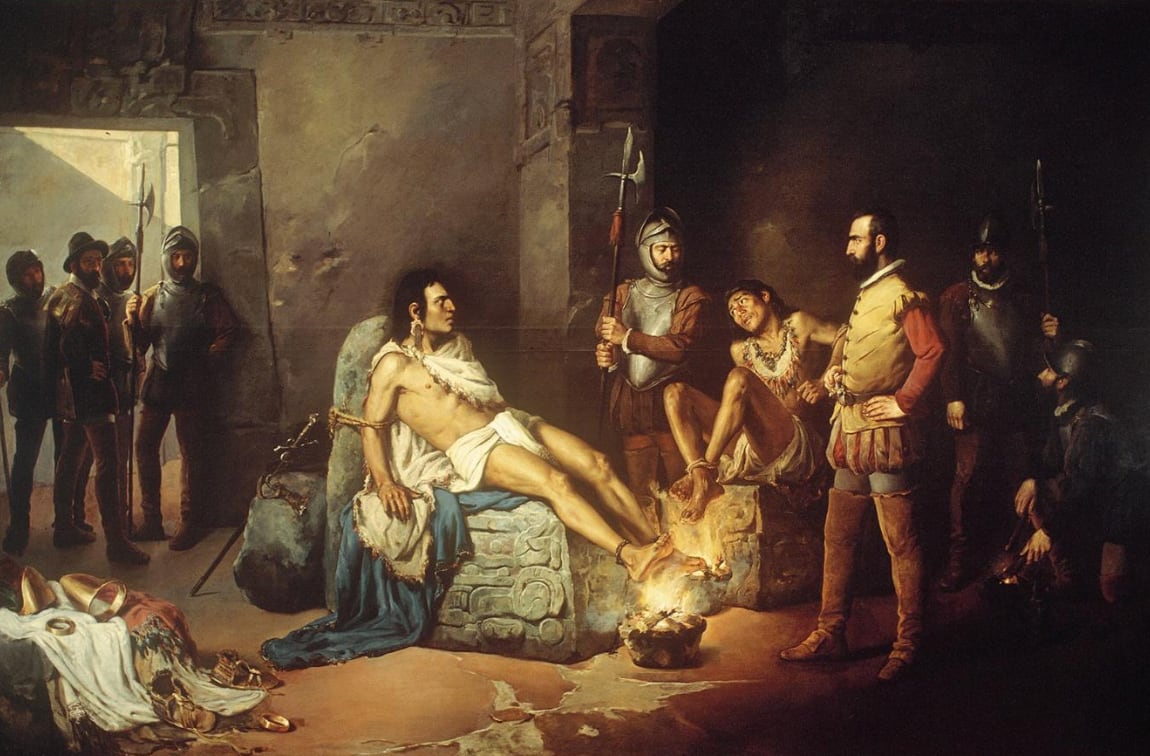 El suplicio de Cuauhtémoc. Óleo sobre tela. Leandro Izaguirre, 1893.