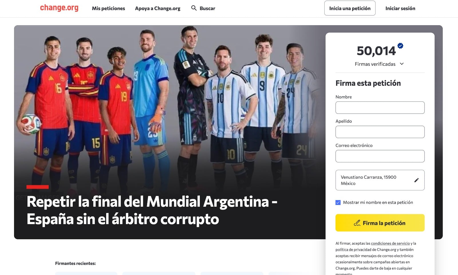 Crean petición en Change.org para repetir la final del Mundial 2026 entre Argentina y España.