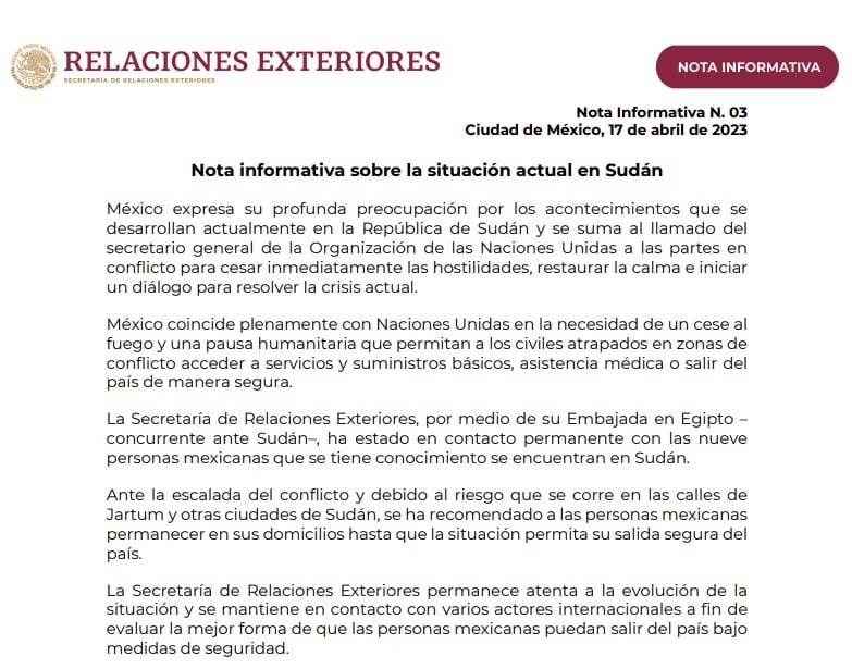 Comunicado SRE ante situación de 9 mexicanos en Sudán