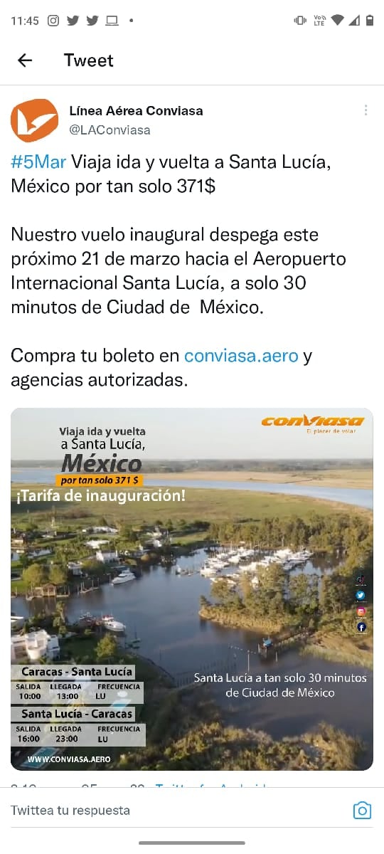 Conviasa anuncia su vuelo de inauguración al AIFA