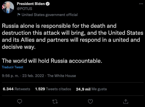 Tweet de Joe Biden, presidente de EU