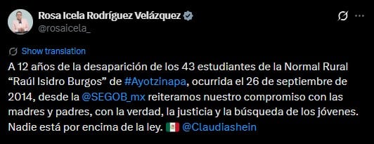 Rosa Icela Rodríguez enfatizó su compromiso con las madres y padres de Ayotzinapa
