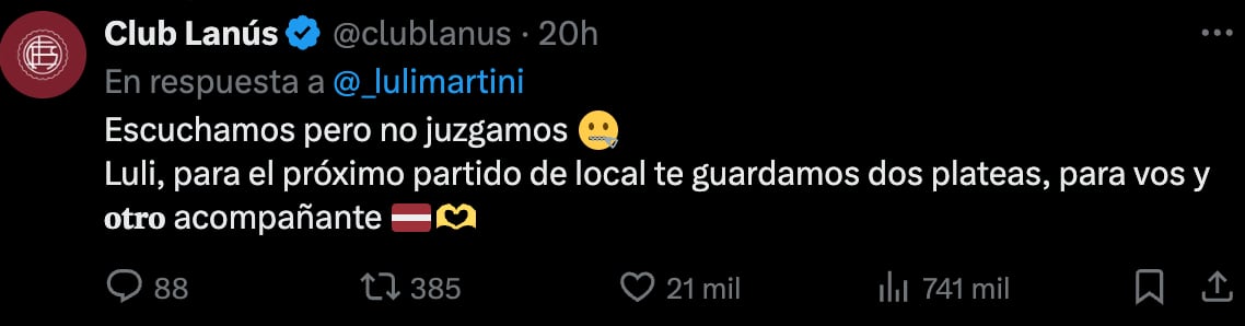 Atlético Lanús invita a Luli Martini a próximo partido por infidelidad