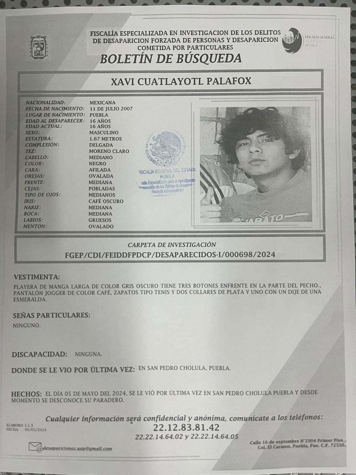 Ficha de búsqueda de Xavi Cuatlayotl, joven que murió en las gradas de San Andrés Cholula