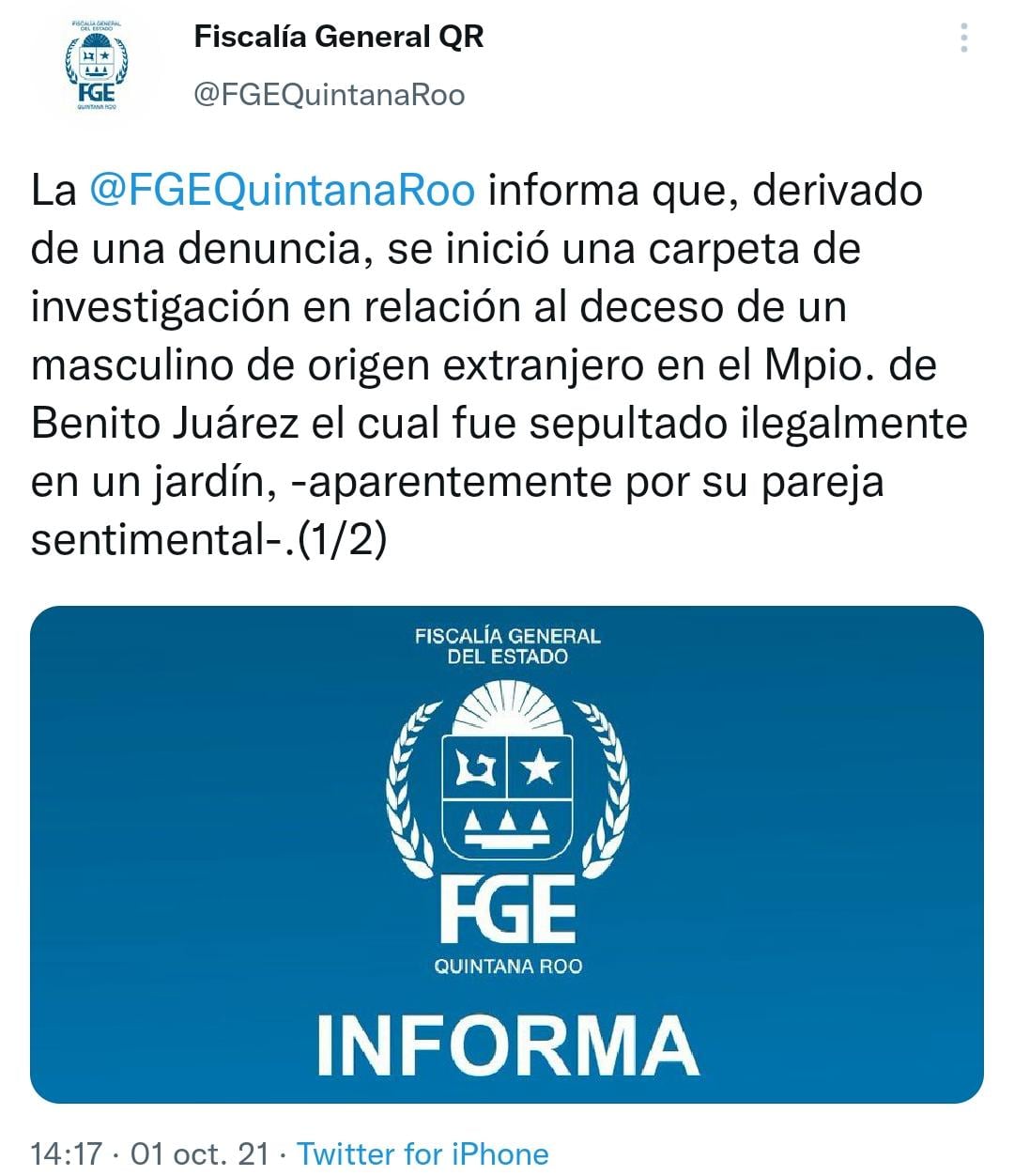 Comunicado de la Fiscalía de Quintana Roo
