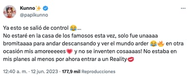 Kunno desmiente participación en La Casa de los Famosos México