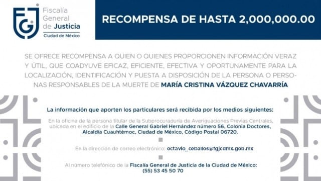 Recompensa por el feminicidio de Cristina Vázquez Chavarría