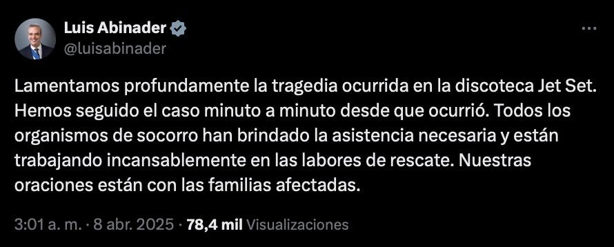Mensaje del presidente de República Dominicana por el colapso del techo de discoteca Jet Set