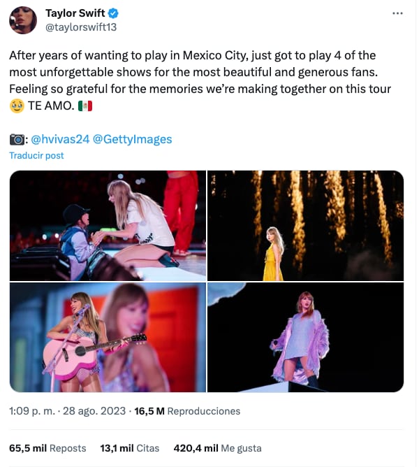 Publicación de Taylor Swift dedicada a México