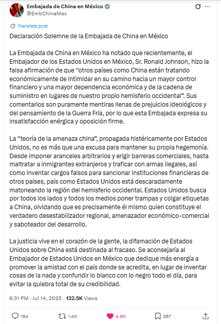 Embajada de China en México responde a Estados Unidos por difamación sobre la teoría de la amenaza china