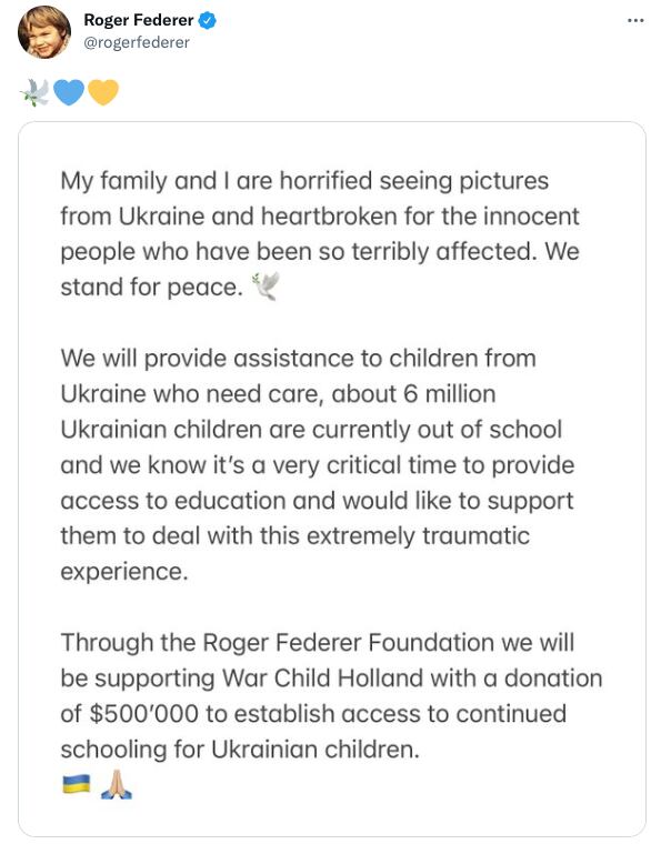 Roger Federer hará donativo a niños de Ucrania