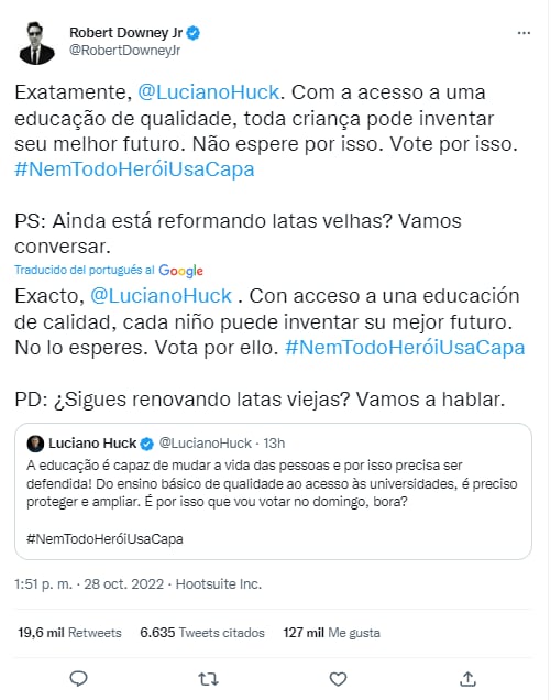 Iron Man habla de educación y hace llamado a votar en Brasil