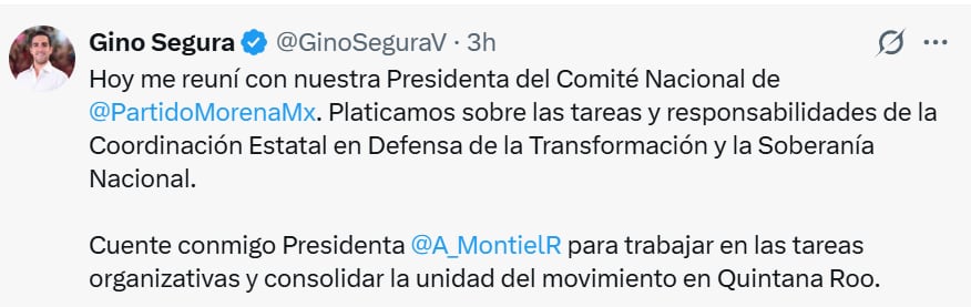 Gino Segura se reúne con Ariadna Montiel tras su designación como coordinador en Quintana Roo