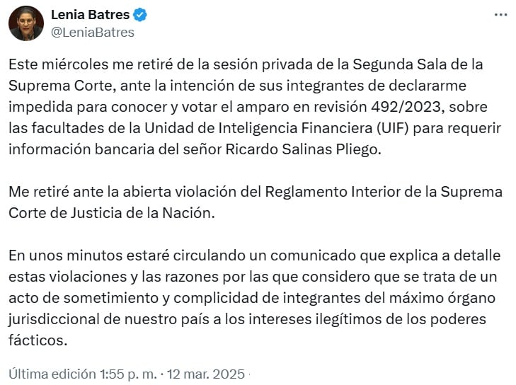 Lenia Batres se retira de sesión de la SCJN tras ser impedida de votar en caso relacionado a Ricardo Salinas Pliego