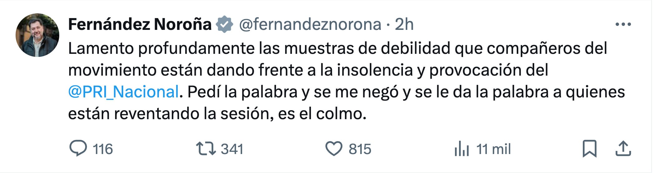 Gerardo Fernández Noroña lamenta debilidad de sus compañeros de Morena