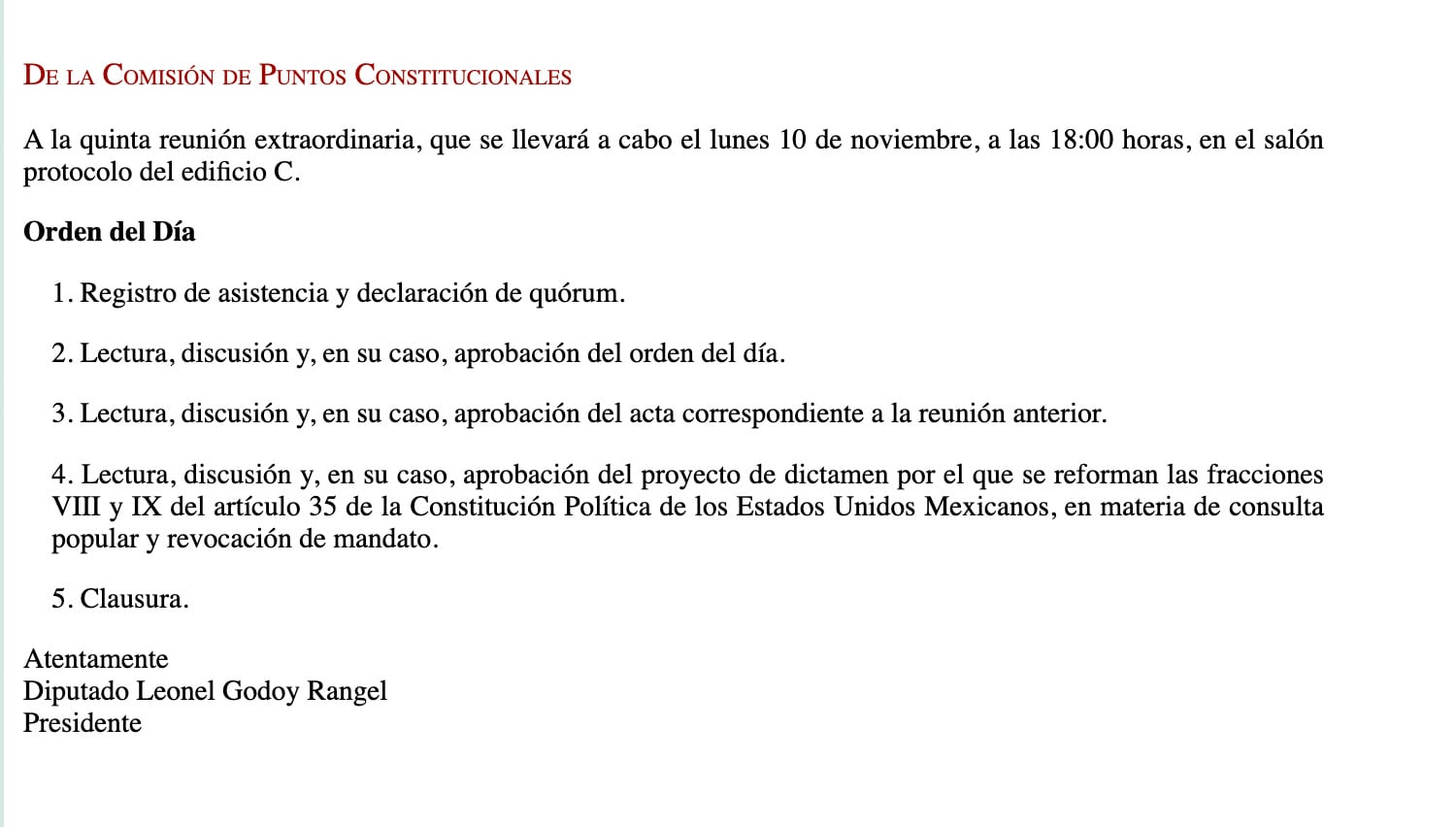 Orden del día de la Gaceta Parlamentaria de la Cámara de Diputados