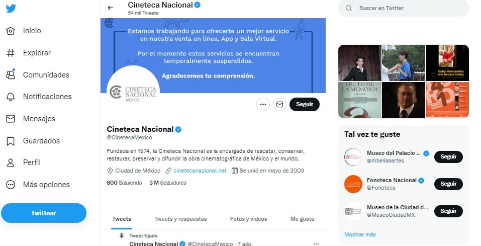Cuenta de Twitter oficial de la Cineteca Nacional