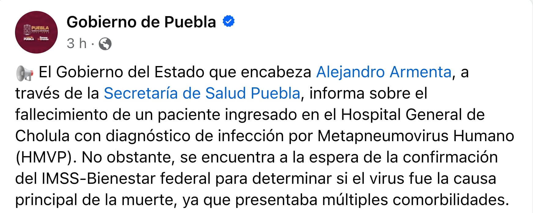 Puebla confirma primera muerte del virus HMPV