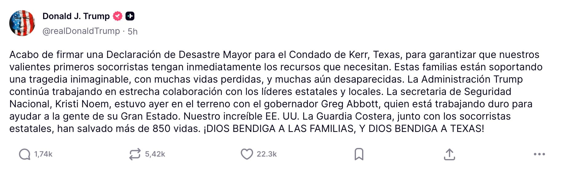 Donald Trump firma declaración de desastre mayor en Kerr, Texas, por inundaciones