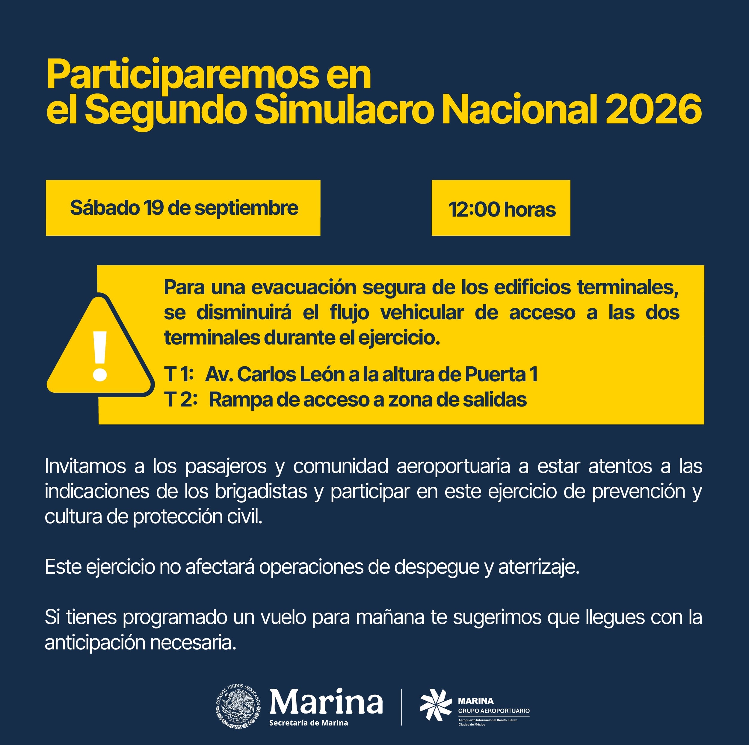 AICM anuncia cambios viales por el Simulacro Nacional del 19 de septiembre
