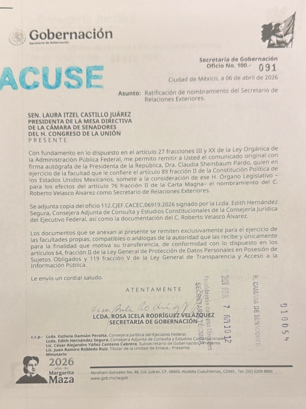 Ratificación de nombramiento de Roberto Velasco