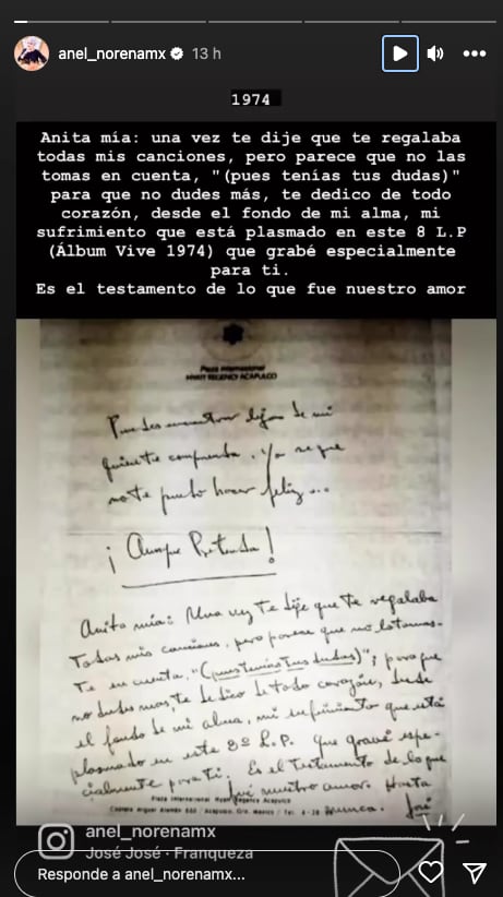 Anel Noreña comparte carta que José José le dedicó