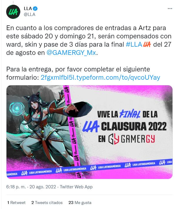 Anuncio de LLA de League of Legends por la inundación de Artz Pedregal