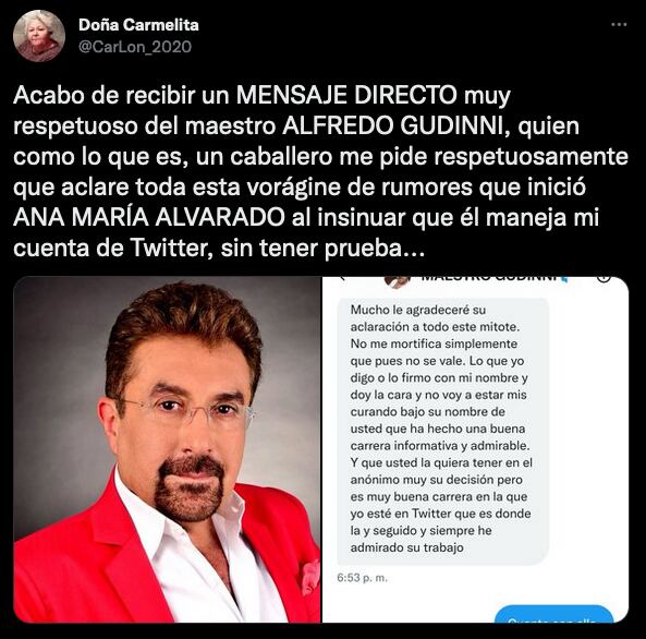 Doña Carmelita aclara que no es Alfredo Gudinni.